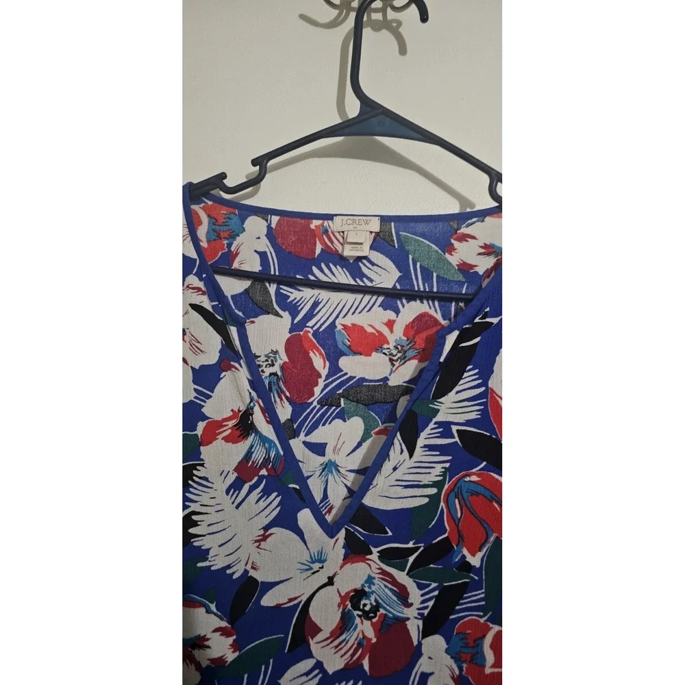 J. CREW Womens 3/4 Sleeve Tunic Top Large  Navy‎ Blue Floral Coastal Boho Long